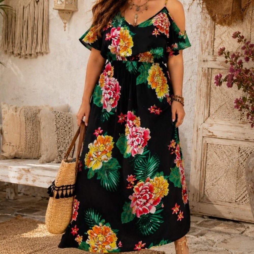 Old Navy XL Black Tropical Floral Cold Shoulder Maxi Dress Boho Resort Wear
